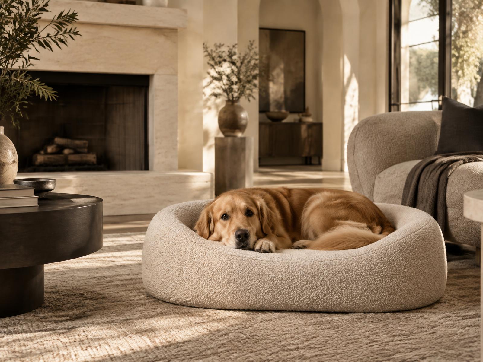 Golden retriever resting in a boucle bed