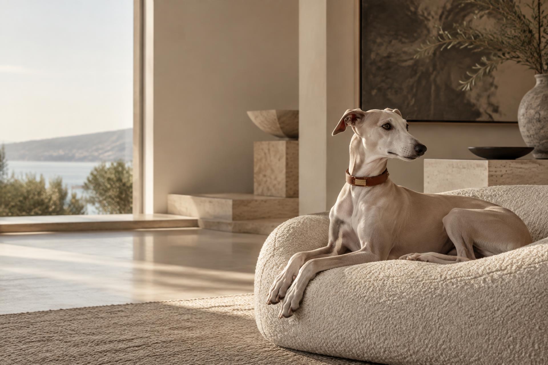 Italian greyhound relaxing in an elegant home